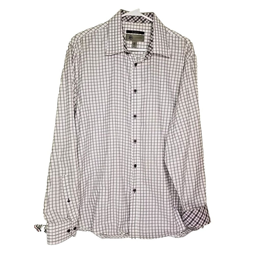 Jhane Barnes Mens XL White Purple Check Slim Fit Button Up Long Sleeve       T38